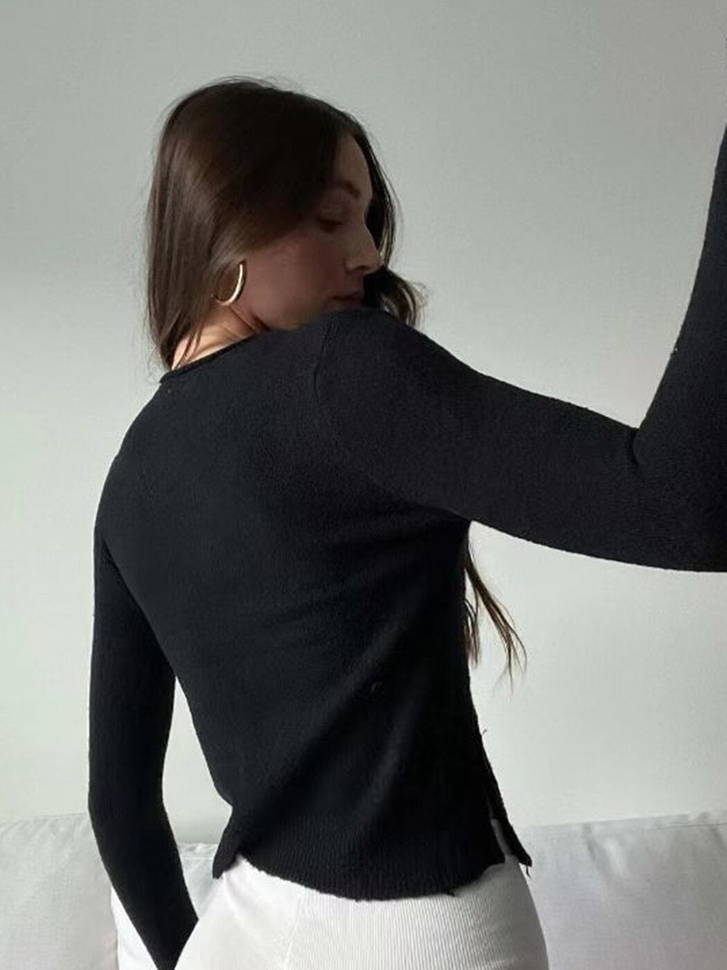 Buttoned Asymmetric Knit Long Sleeve Top