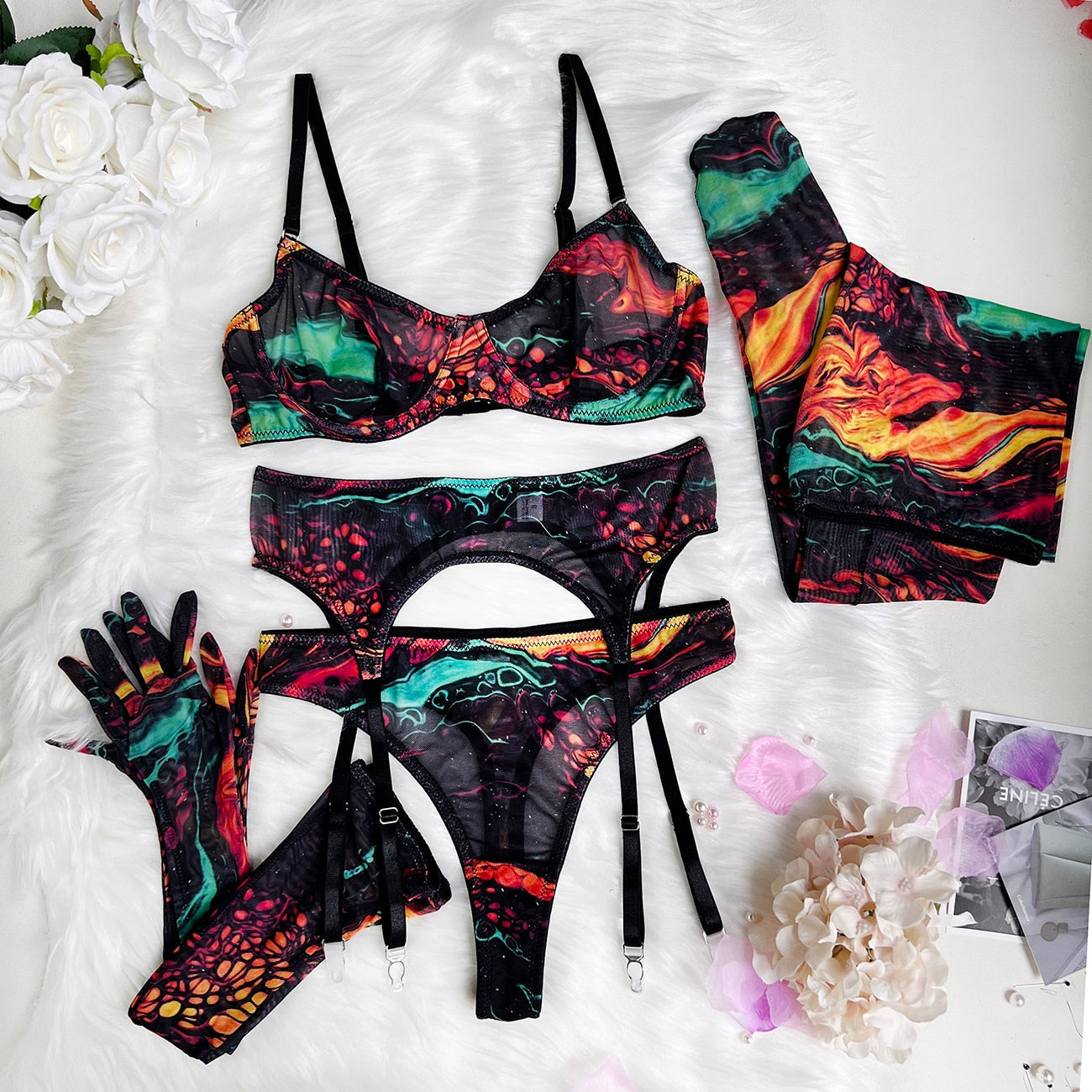 Mesh Printed Tie Dye Lingerie Set With Stocking Sleeve