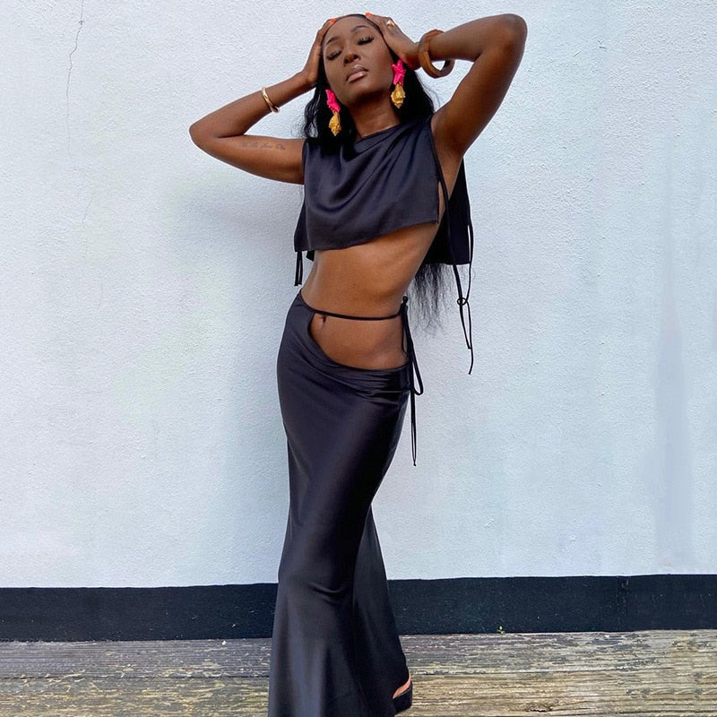 Black Satin Side Tie Up Crop Top And Maxi Skirt Set