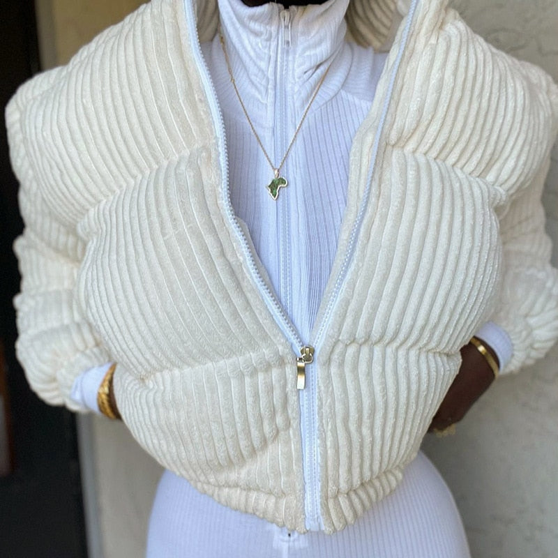 White Corduroy Cropped Puffer Zipper Jacket