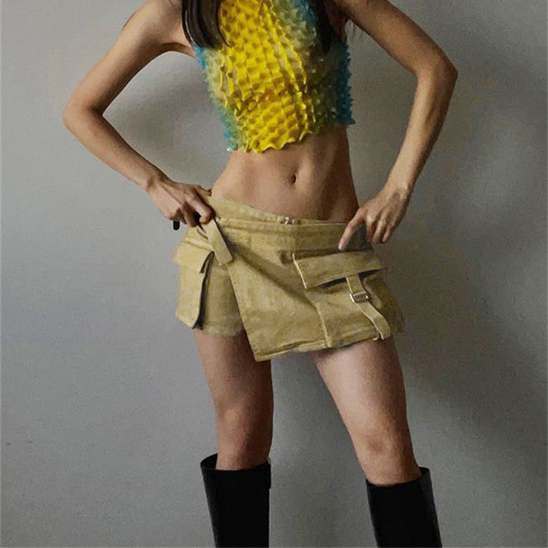 Low Waist Pocket Design Wrap Mini Skirt