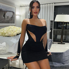 Black Patchwork Mesh Long Sleeve Bodycon Mini Dress