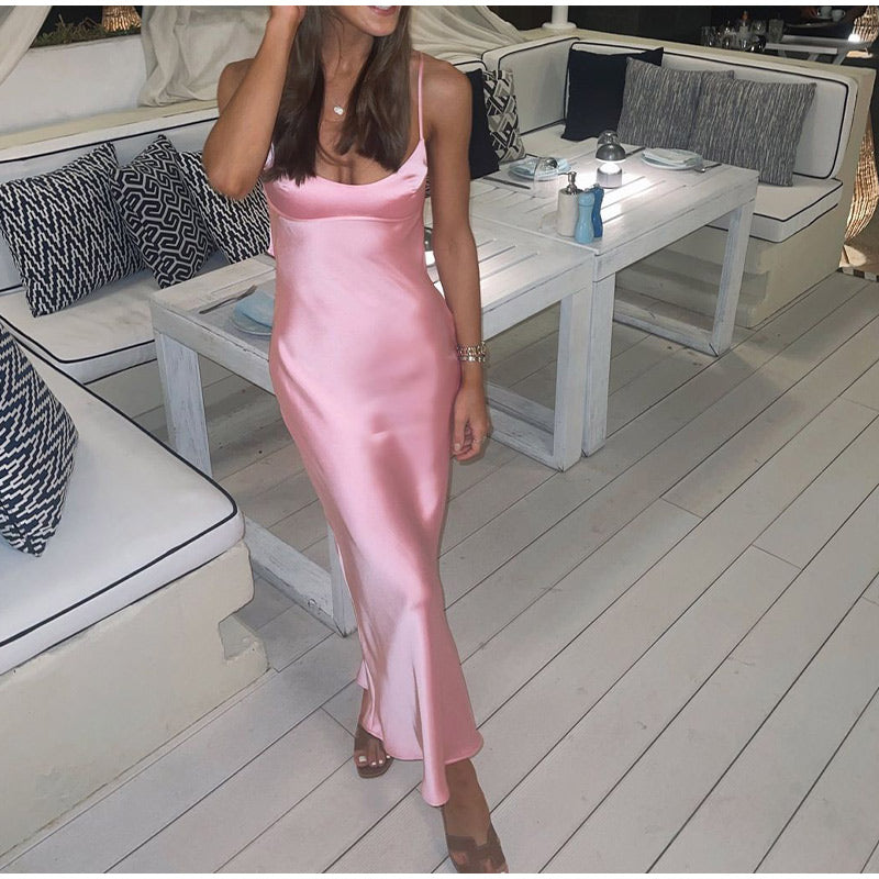 Satin Sleeveless Backless Slit Midi Dress