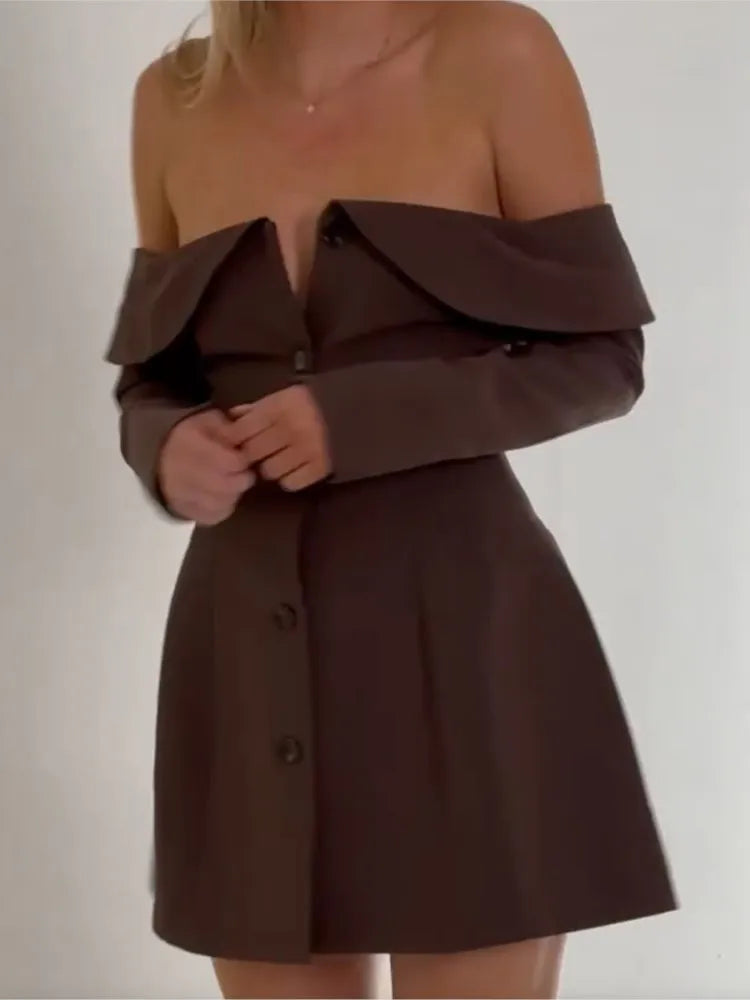 Brown Off Shoulder Long Sleeve Button Mini Dress