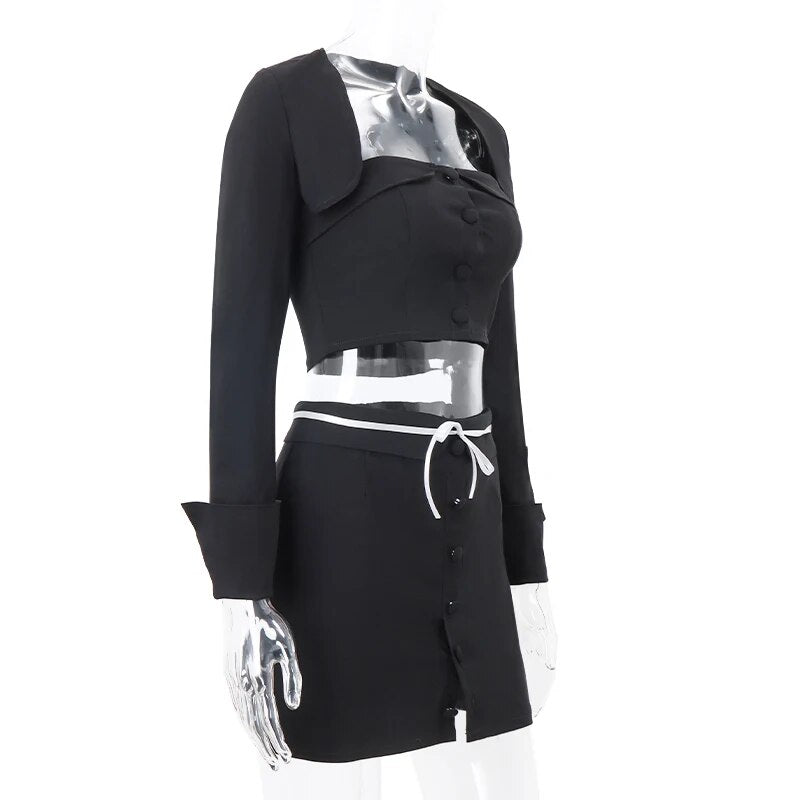 Black Long Sleeve Button Crop Top And Mini Skirt Set