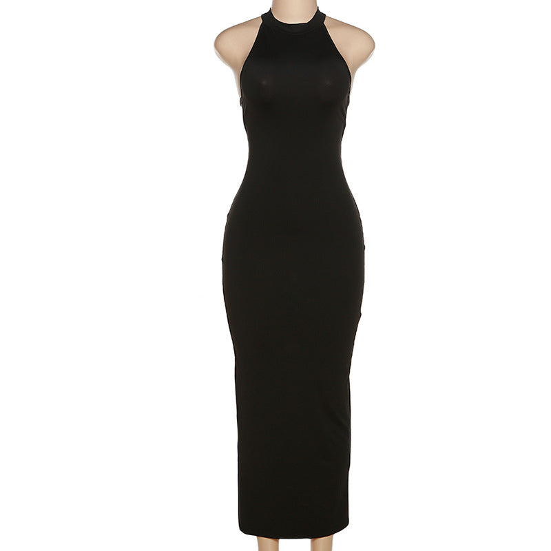 Black Halter Backless Maxi Dress With Back Straps