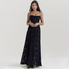 Black Embroidered Sheer Strappy Maxi Dress