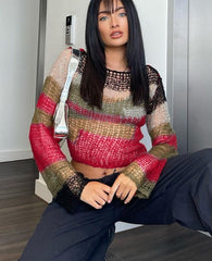 Knitted Mesh Multi Color Long-sleeved Top