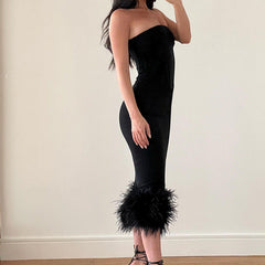 Black Tube Midi Dress With Fur Trim