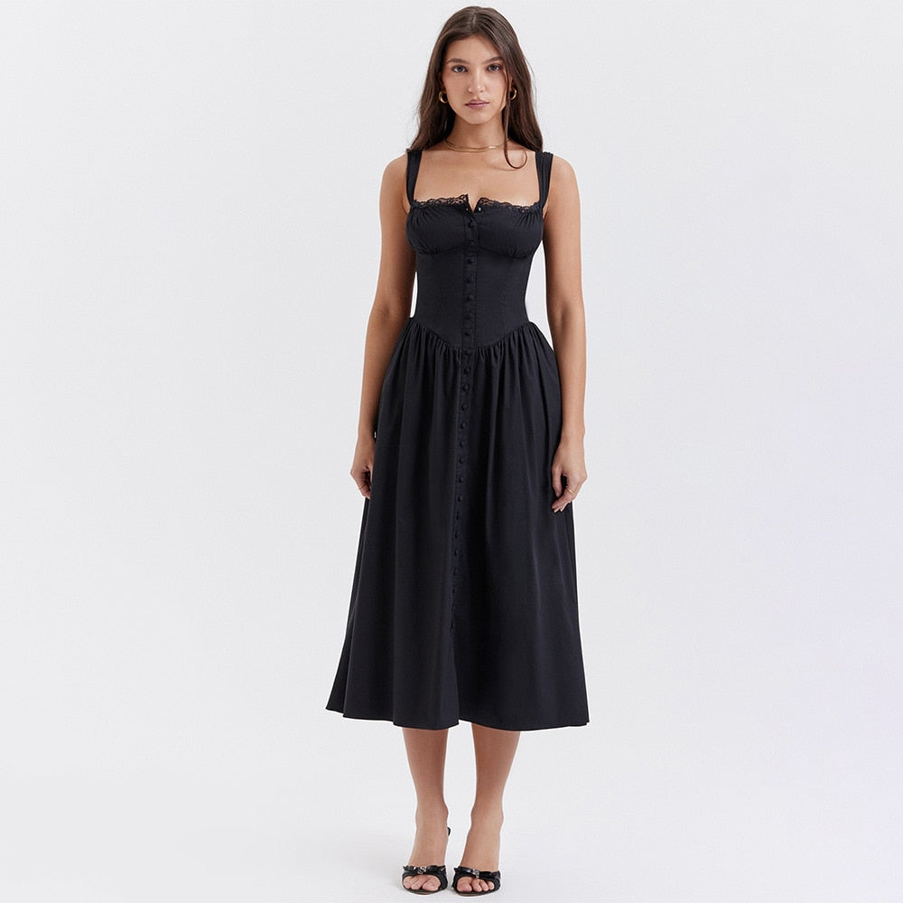 Buttoned Frill Strap Midi Dress