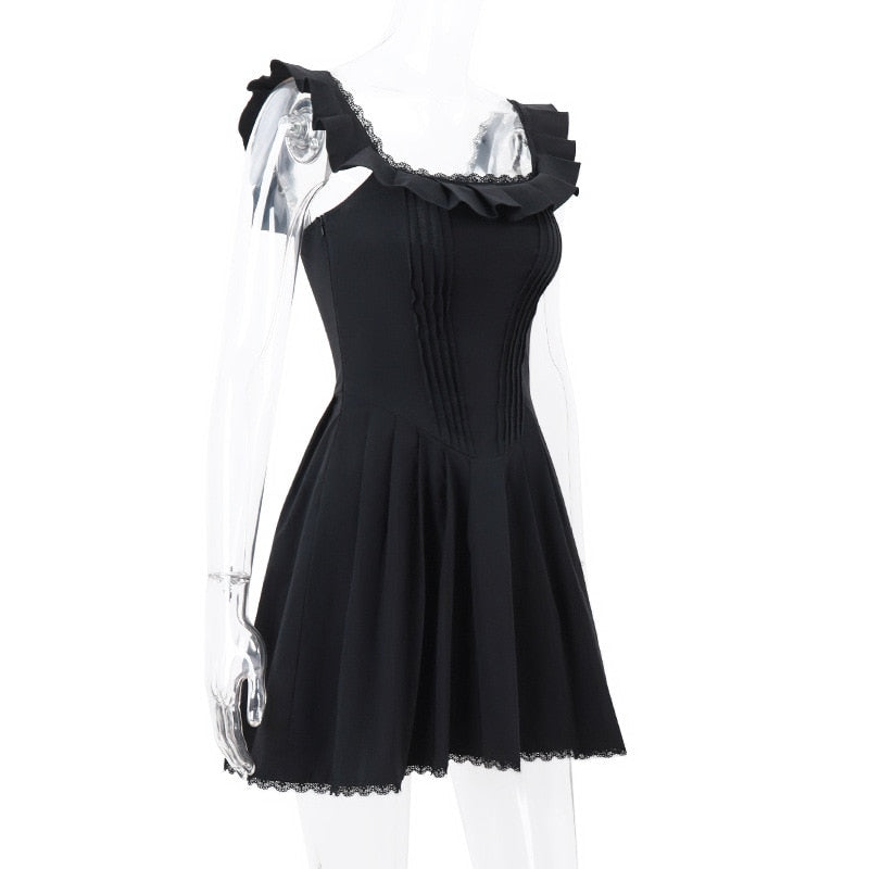 Black Corset Square Neck Frill Strap Mini Dress