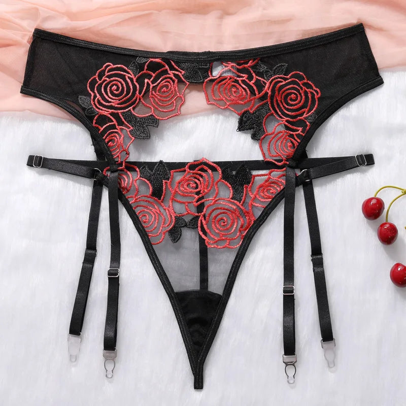 Black Floral Embroidered Lingerie Set