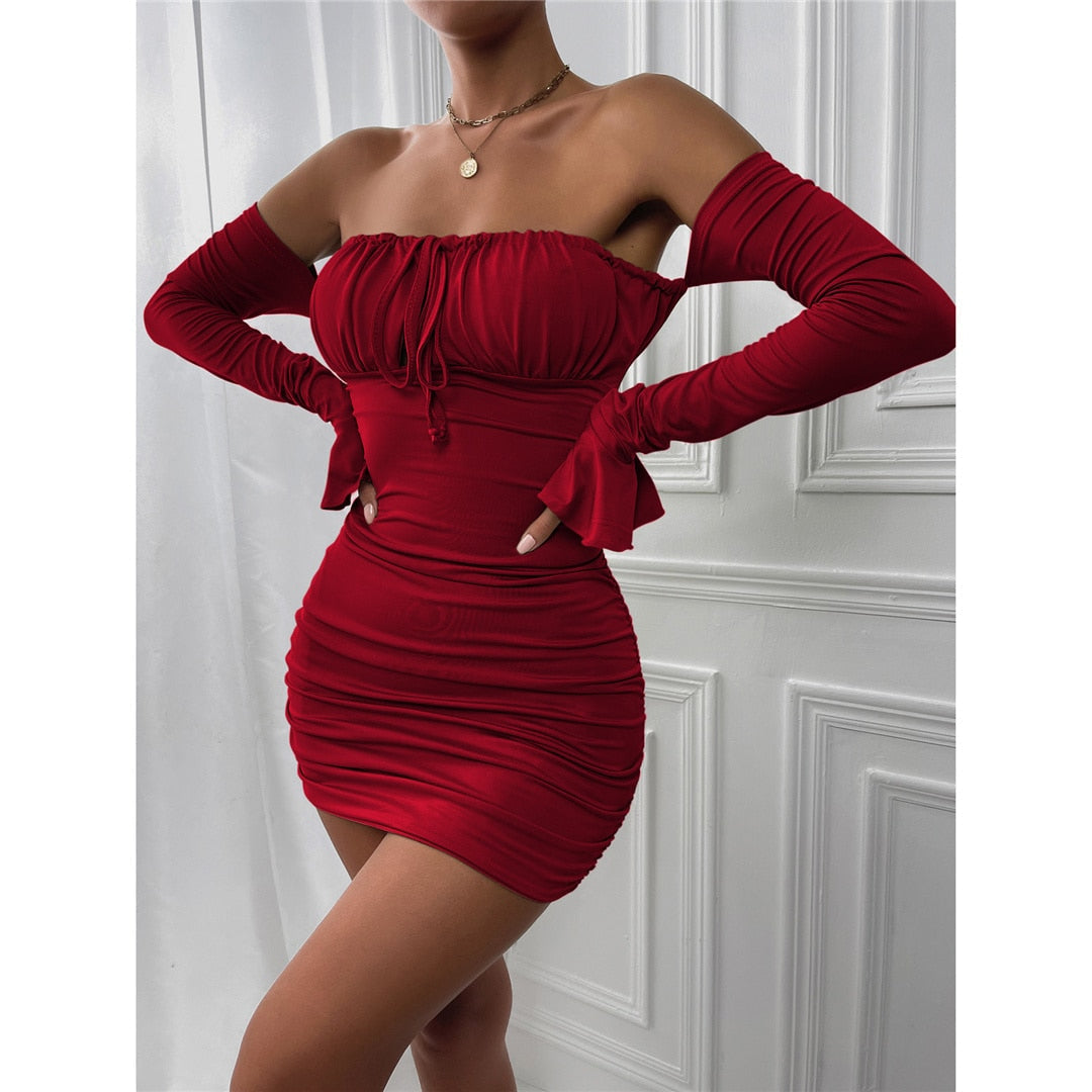 Off Shoulder Long Sleeve Hollow Chest Tie Dresses