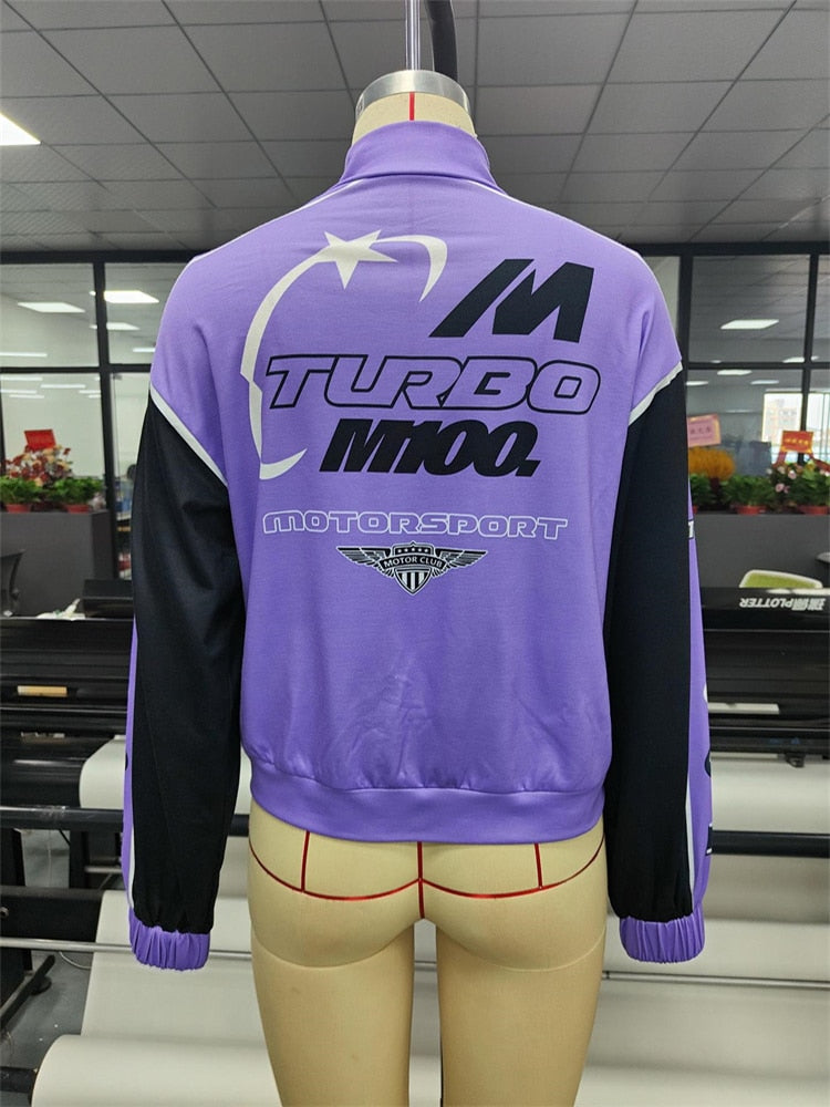 Purple Letter Graphics Nascar Bomber Jacket