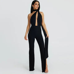 Black Halter Backless Bandage Jumpsuit