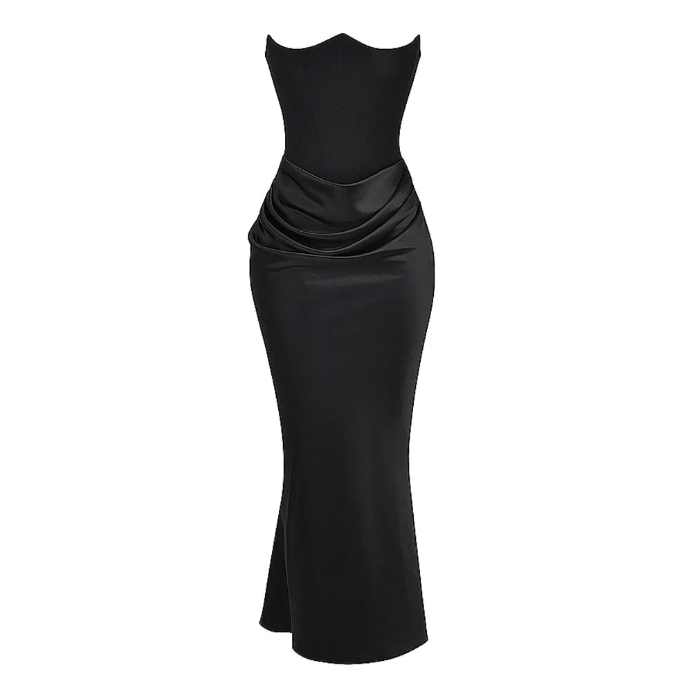 Black Corset Tube Satin Maxi Dress