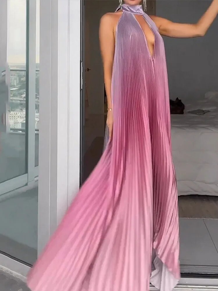 Purple Ombre Pleated Halter Deep V-neck Maxi Dress