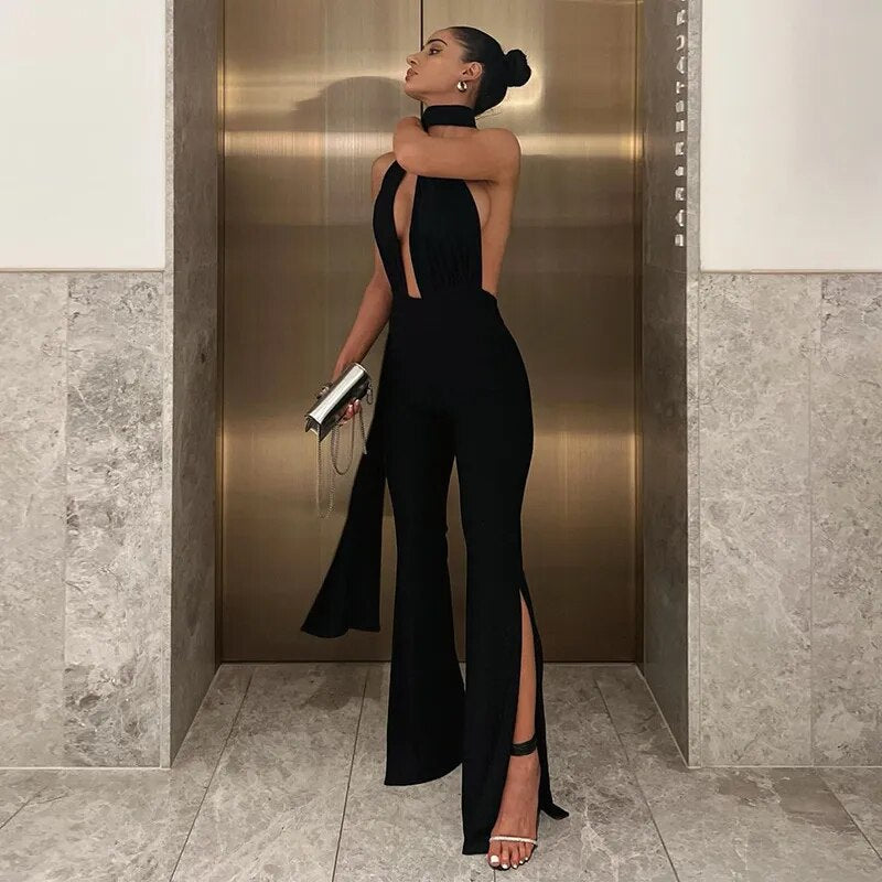 Black Halter Backless Bandage Jumpsuit