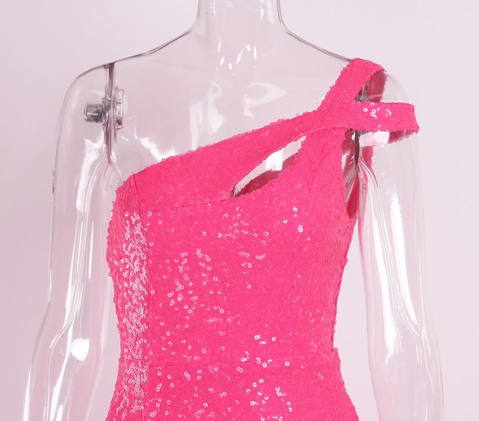 Pink Sequin One Shoulder Sleeveless Maxi Dress