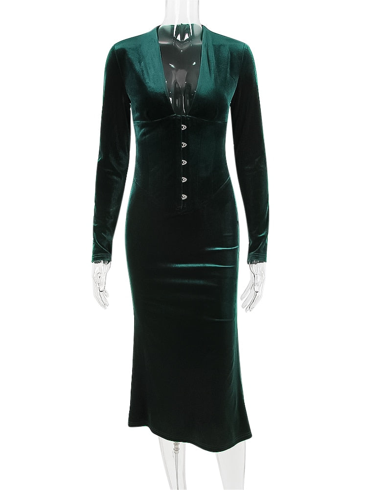 Deep Neck Velvet Long Sleeve Bodycon Midi Dress