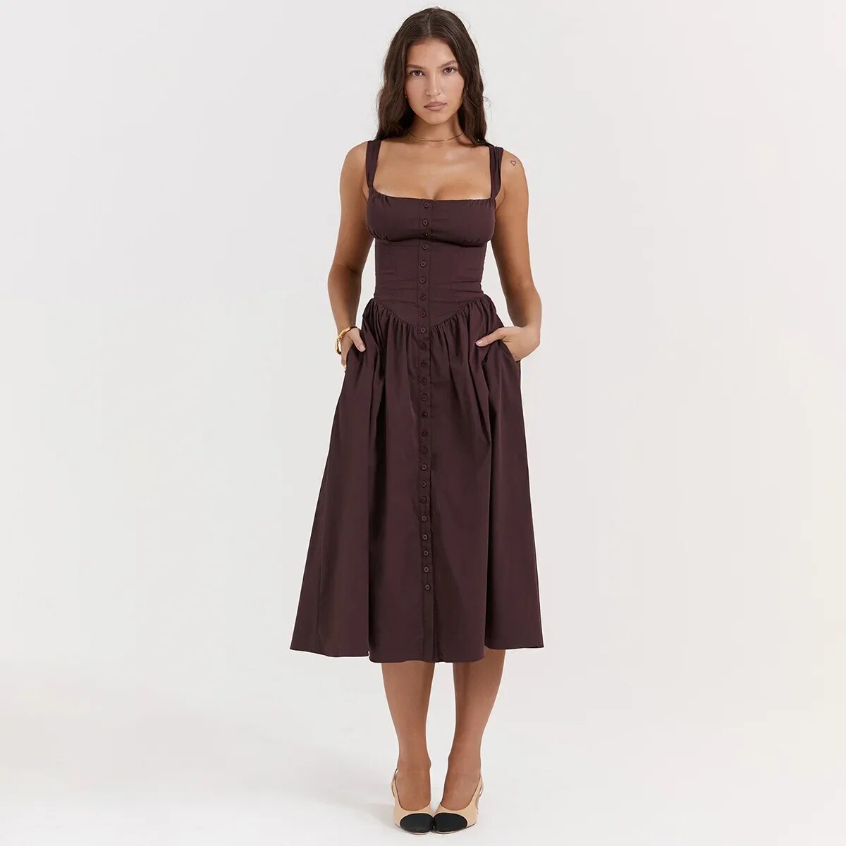 Brown Buttoned Strap Midi Dress