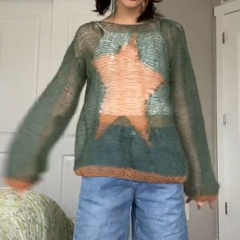 Knit Distressed Star Print Sweater