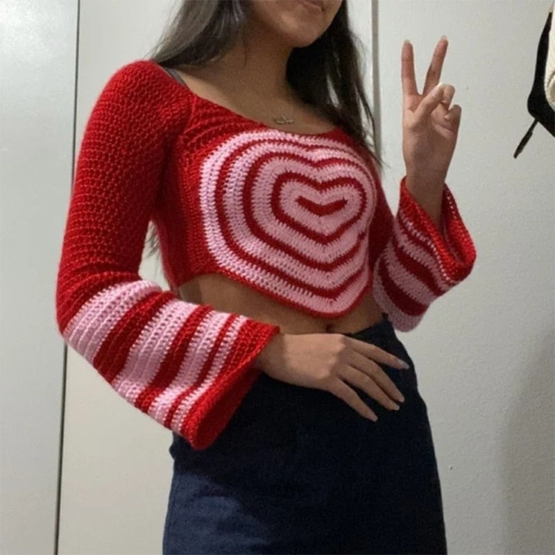 Heart Pattern Knitted Long Sleeve Crop Top