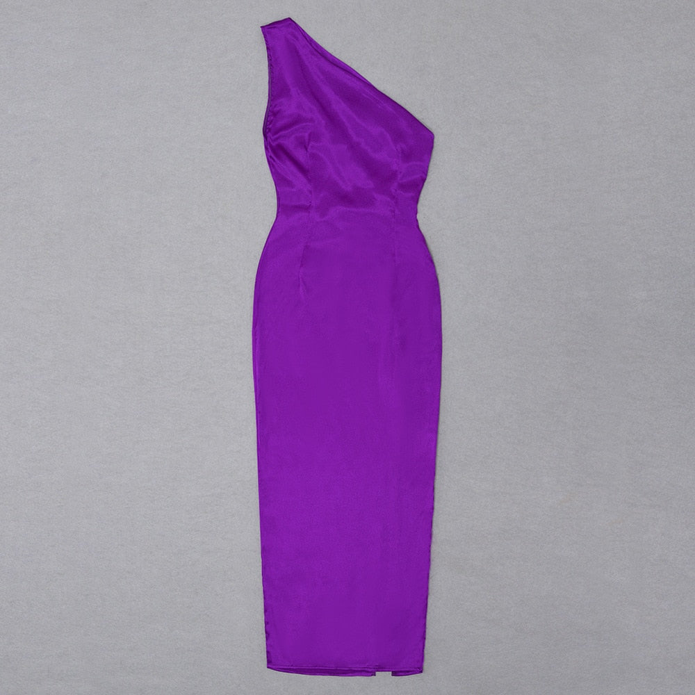 Purple One Shoulder Satin Hollow Cut Maxi Dress