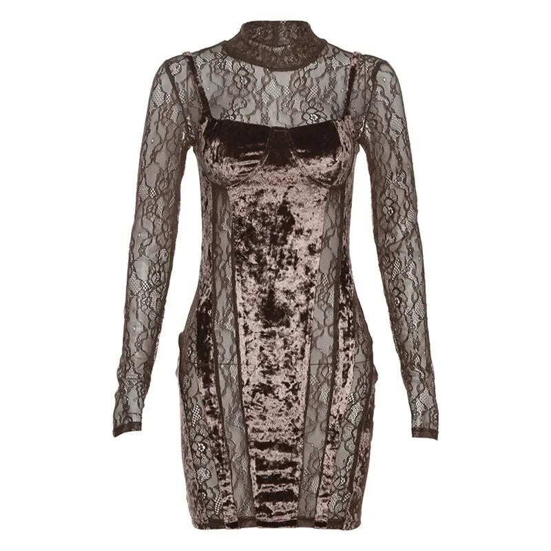 Brown Velvet Patchwork Lace Long Sleeve Bodycon Mini Dress