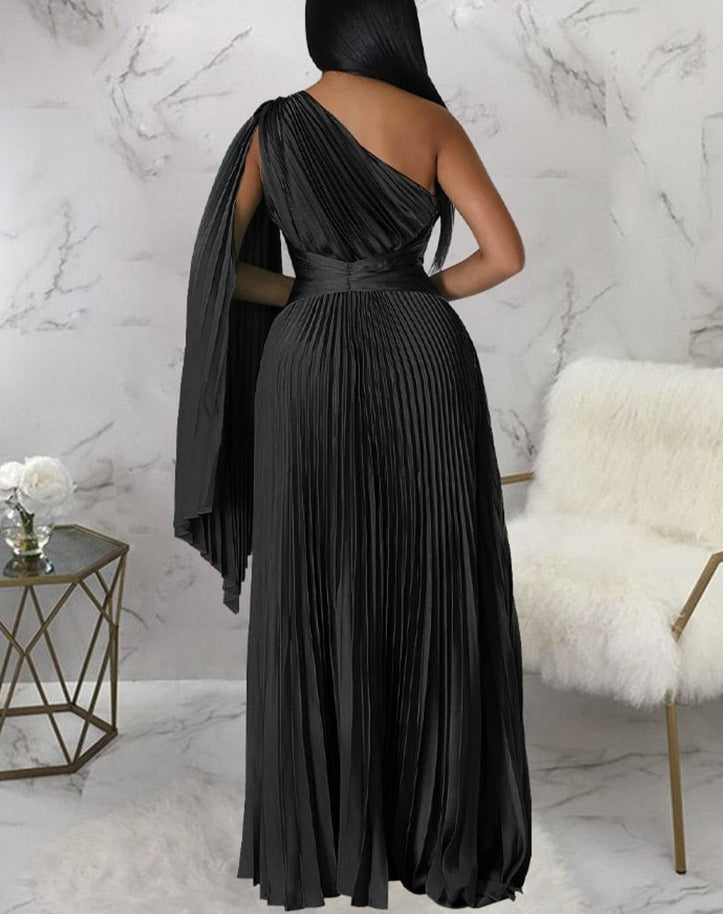 Satin Pleated Drape Sleeve Floor-Length Dresses