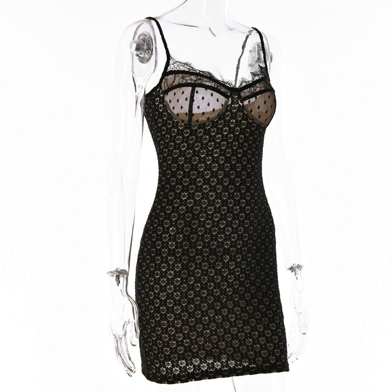 Black Polka Dot Lace Sheer Cupped Bodycon Mini Dress