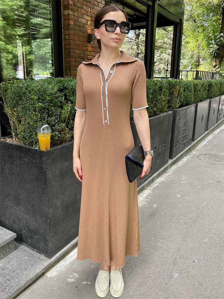 Knit Short Sleeve Collar Maxi Dress