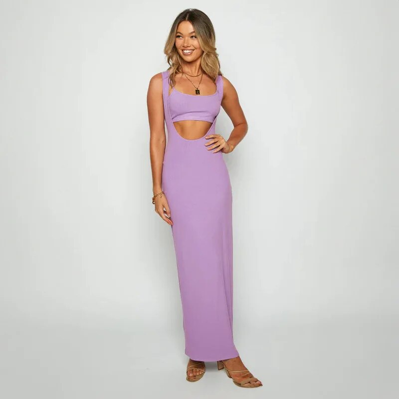 Ribbed Bandeau Deep Neck Layered Strap Long Dress