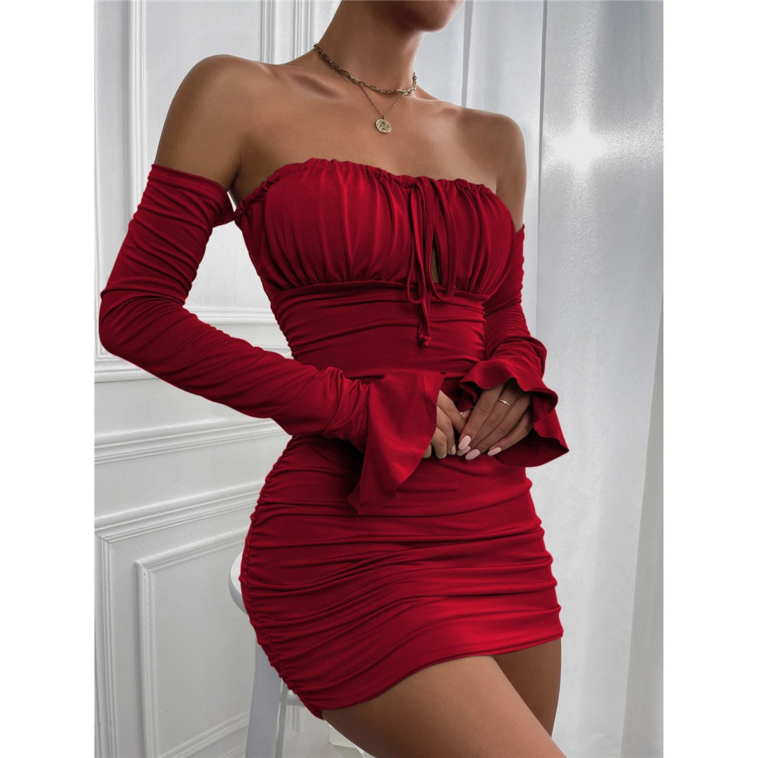 Off Shoulder Long Sleeve Hollow Chest Tie Dresses