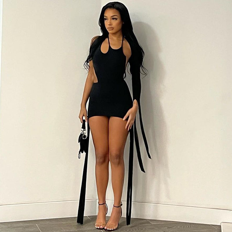 Asymmetric Long String One Shoulder Black Bodycon Mini Dress