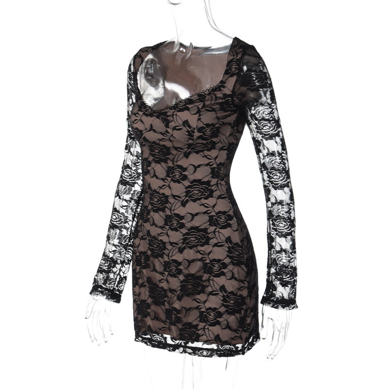 Black Lace Layered Long Sleeve Mini Dress