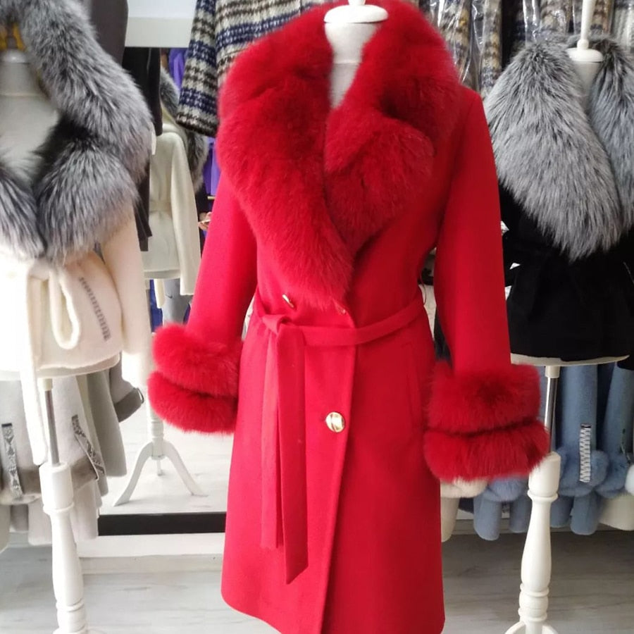 Cashmere Wool Long Coats Real Fur Big Collar & Cuffs