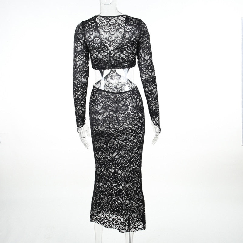 Black Deep Neck Lace Mesh Long Sleeve Cut Out Maxi Dress