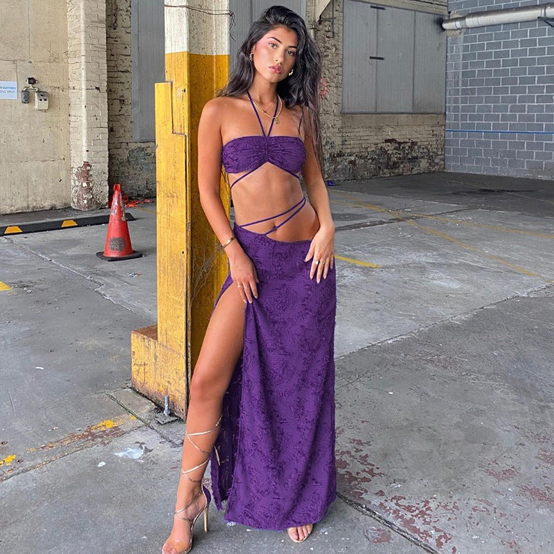 Purple Tube Crop Top And Maxi Skirt Tie Up Set