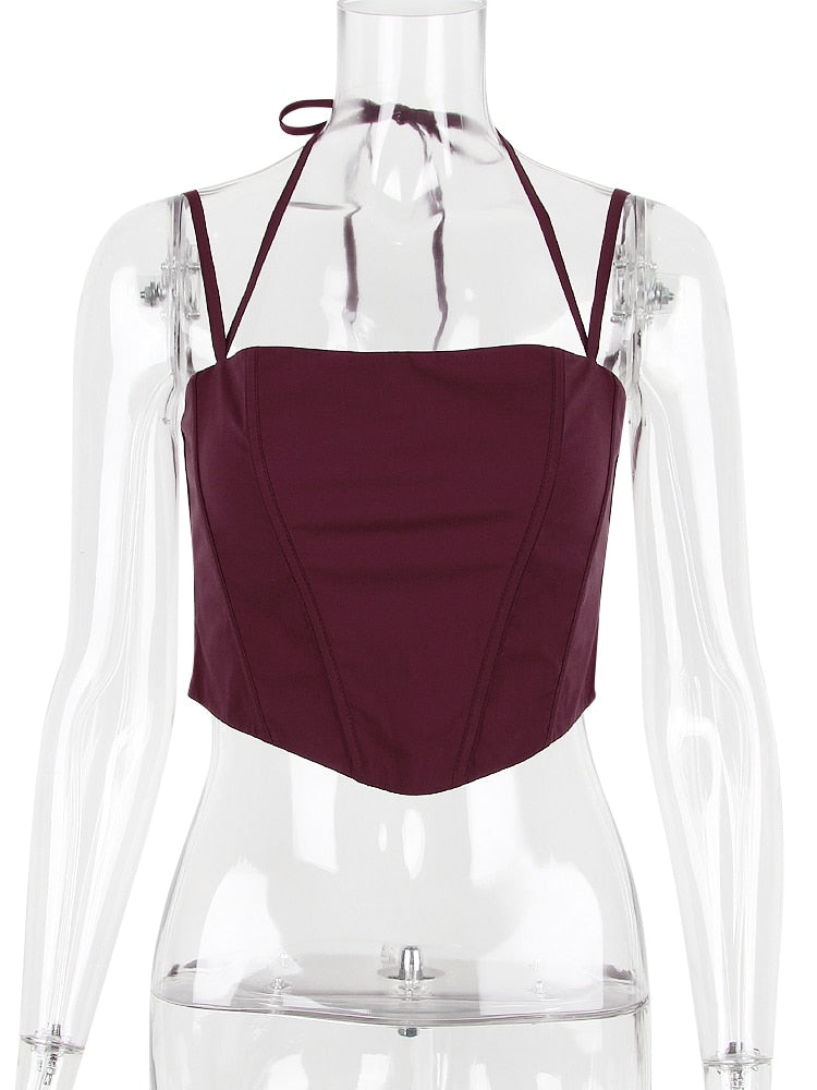 Burgundy Strap Corset Top And Lace Tie-Up Midi Skirt Set