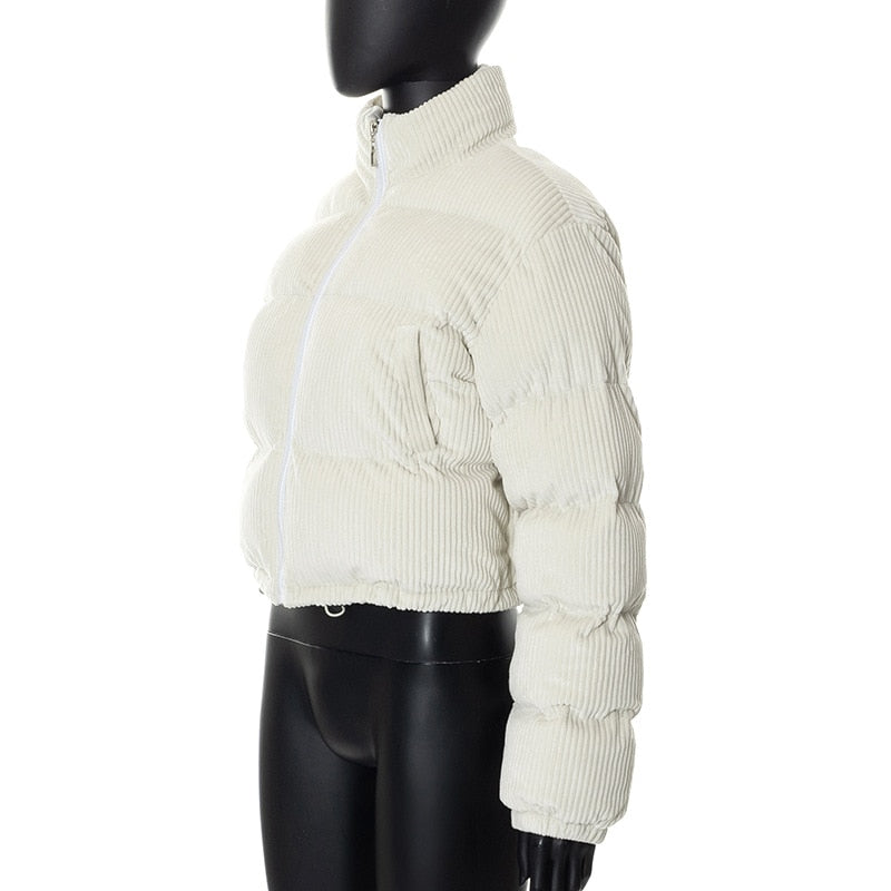 White Corduroy Cropped Puffer Zipper Jacket