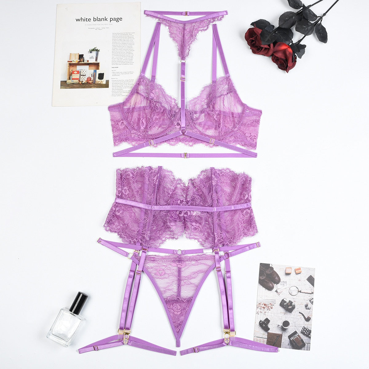 Lace Embroidery Lingerie Set With Choker, Bra, Thong & Garter Belt