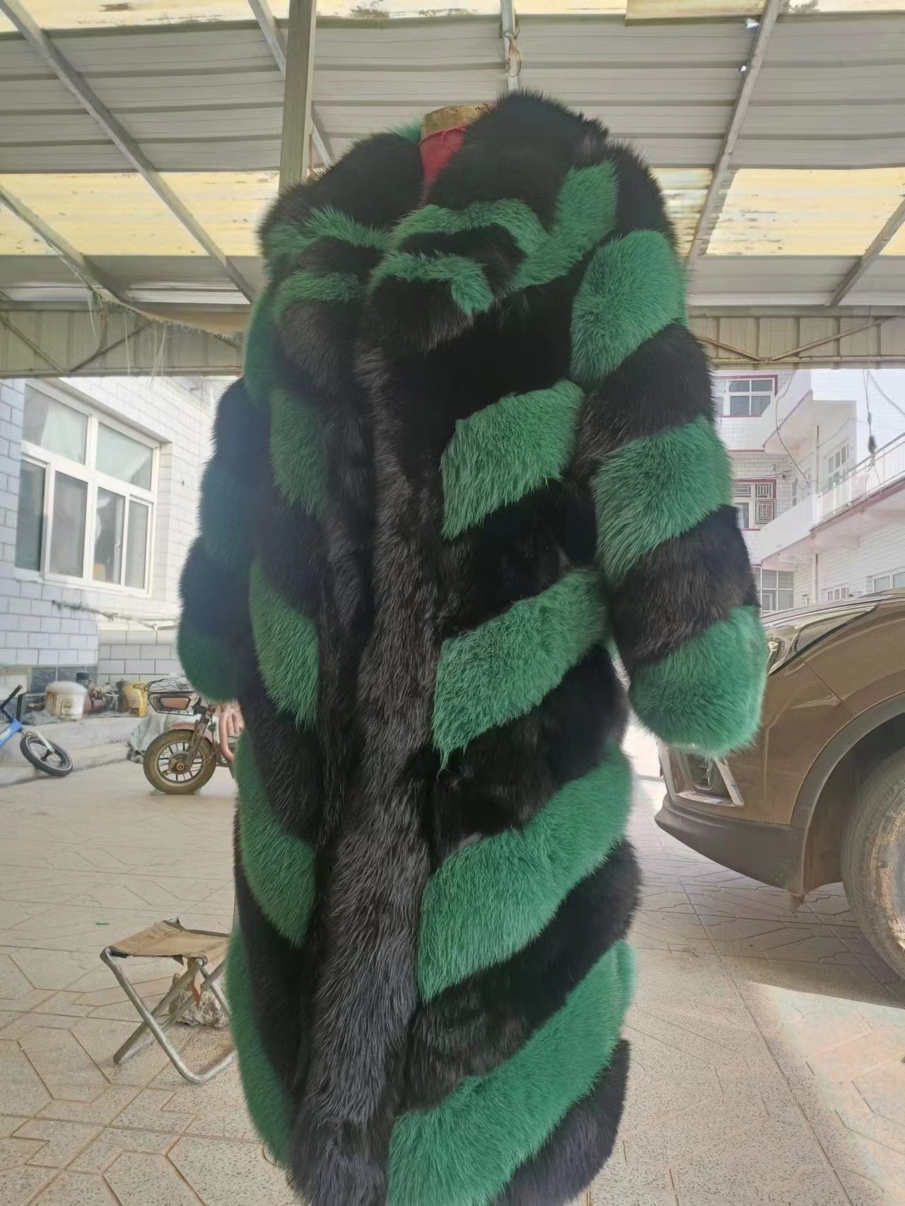 Striped Color Pattern Real Fox Fur Coats  X-Long