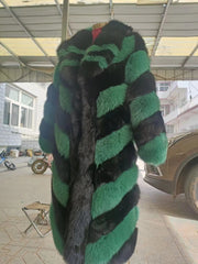 Striped Color Pattern Real Fox Fur Coats  X-Long