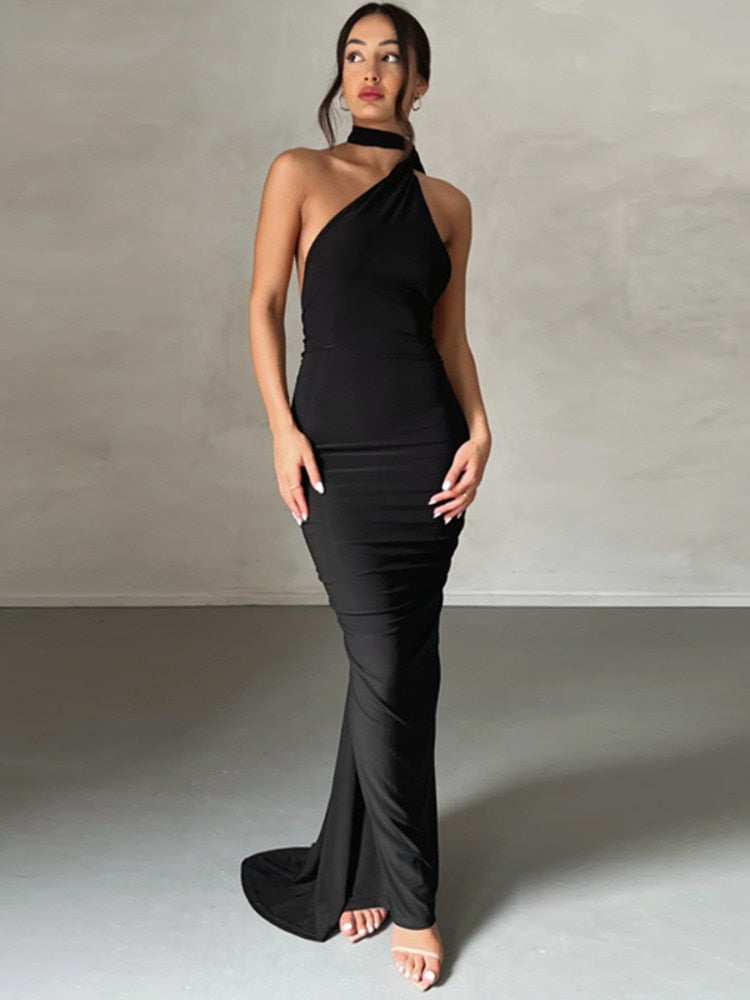 One Shoulder Back Tie Sleeveless Maxi Dresses