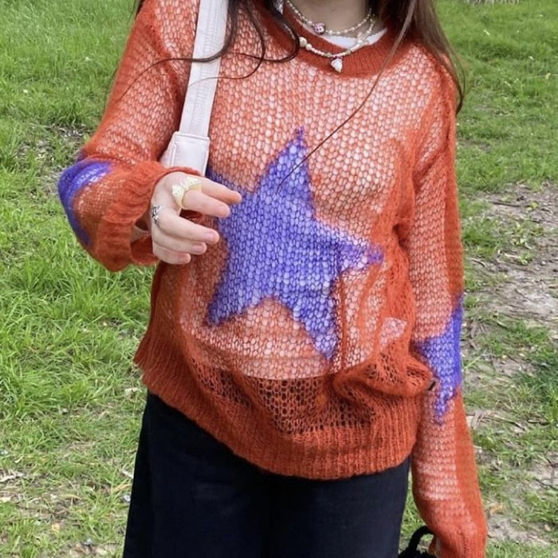 Knit Mesh Star Pattern Sweater