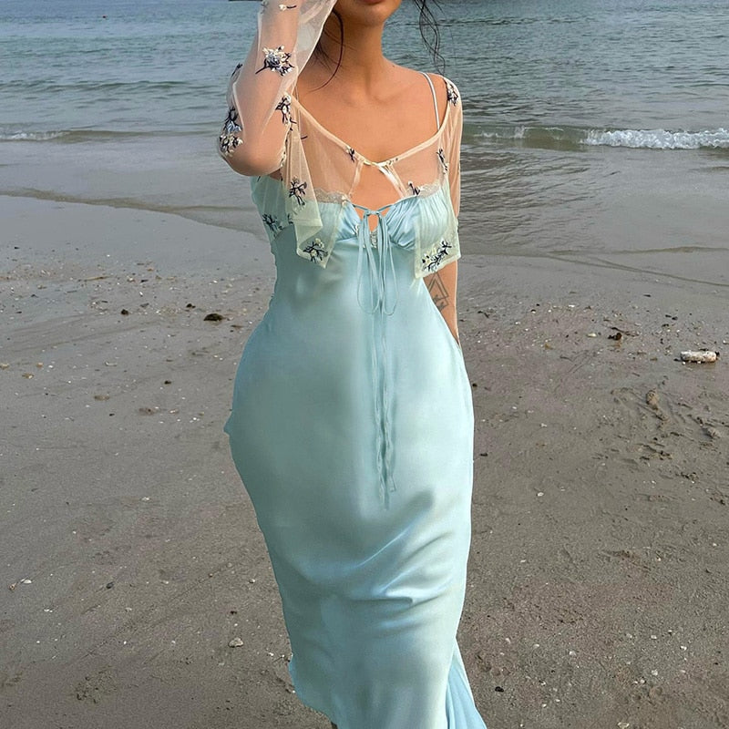 Satin Drawstring Cupped Slip Midi Dress