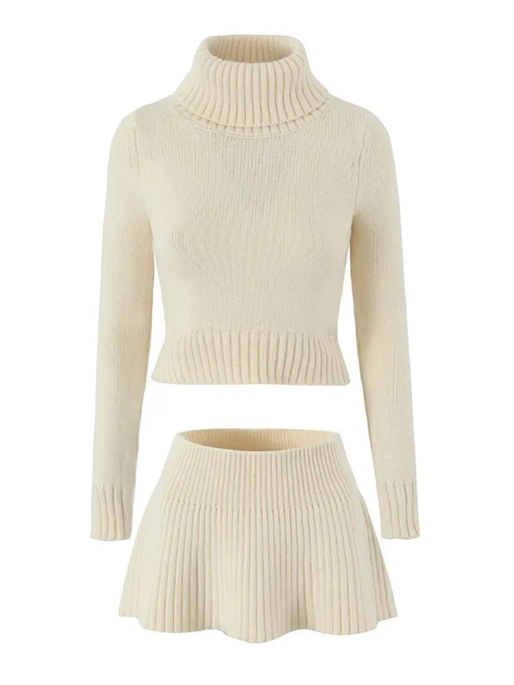 Knitted High Neck Long Sleeve Top And Mini Skirt Set