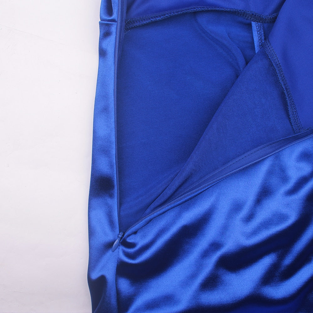 Blue Satin Backless Sleeveless Ruched Slit Maxi Dress