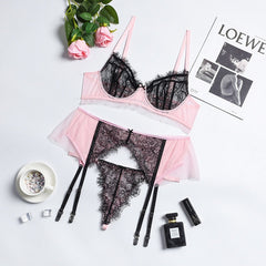 Black And Pink Lace Contrast 3-piece Set